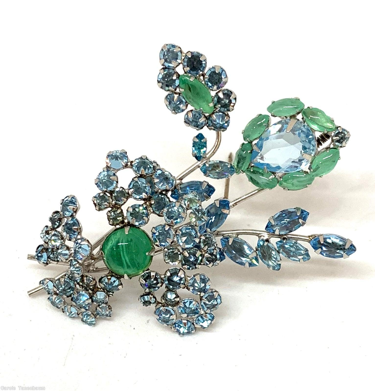 Schreiner 2 trembler flower 3 branch bunch pin 1 large teardrop 2 large oval cab faux emerald ice blue inverted stone silvertone jewelry