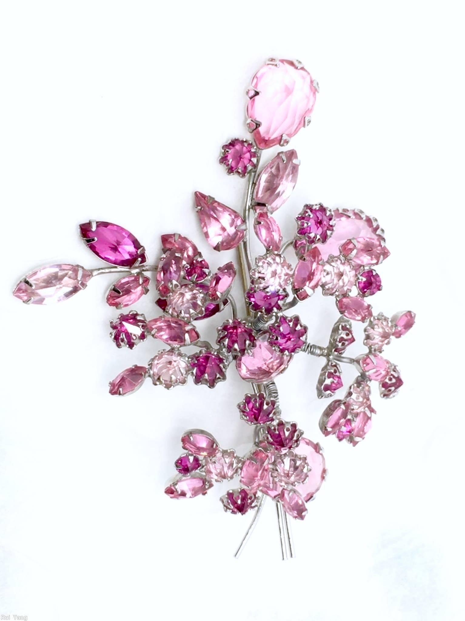 Schreiner 2 trembler flower 3 branch bunch pin 1 large teardrop 2 large oval cab pink large open back faceted teardrop fuchsia silvertone navette chaton jewelry