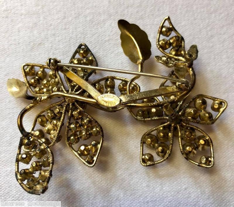 Schreiner 2 trembling flower pin wired seeds petal 3 metal leaf crystal smoke dark green jewelry