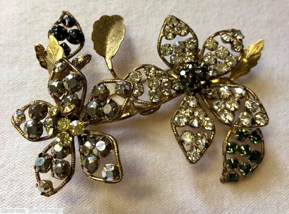 Schreiner 2 trembling flower pin wired seeds petal 3 metal leaf crystal smoke dark green jewelry