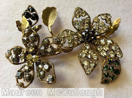 Schreiner 2 trembling flower pin wired seeds petal 3 metal leaf crystal smoke dark green jewelry