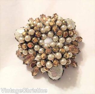 Schreiner 3 acorn radial triangle pin amber metalic gold baroque pearl seeds jewelry