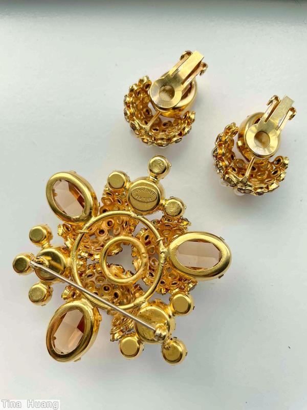 Schreiner 3 acorn radial triangle pin 3 large round stone topaz large faceted oval stone smoky chaton faux pearl faceted inverted clear champagne goldtone jewelry