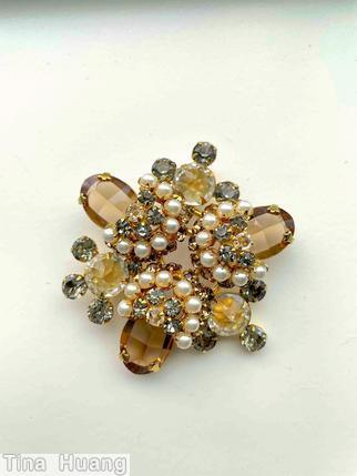 Schreiner 3 acorn radial triangle pin 3 large round stone topaz large faceted oval stone smoky chaton faux pearl faceted inverted clear champagne goldtone jewelry