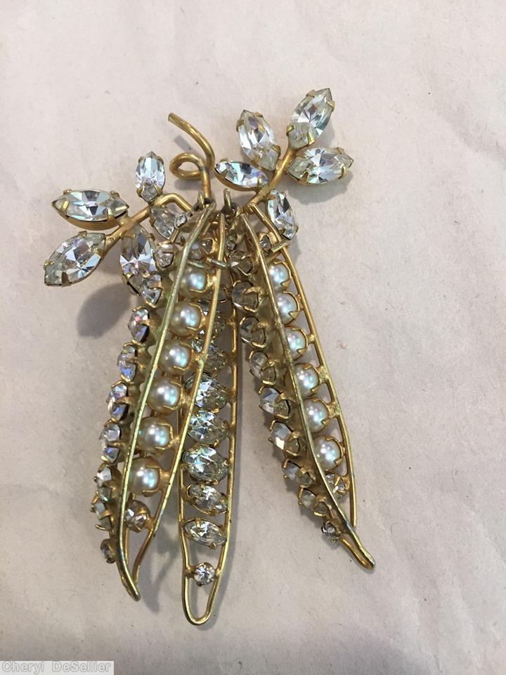 Schreiner 3 bean 2 branch pin crystal faux pearl jewelry