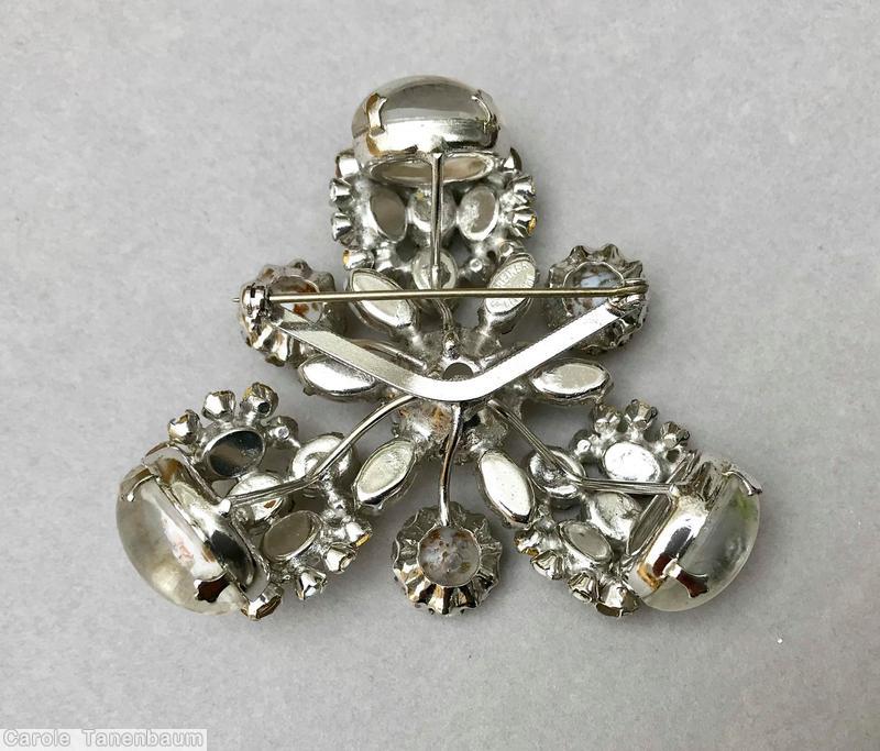 Schreiner 3 clustered end radial double triangle geometric pin large oval cab end large chaton center moonglow white crystal white seeds white venetian jewelry