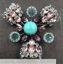 Schreiner 3 clustered end radial double triangle geometric pin large oval cab end large chaton center opaque aqua pale aqua pale pink purple jewelry