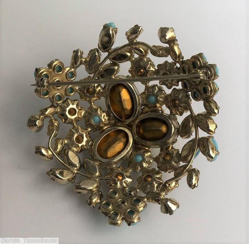 Schreiner 3 floral branch domed radial triangle pin 3 clustered flower 3 large oval stone peridot opaque baby blue amber goldtone jewelry