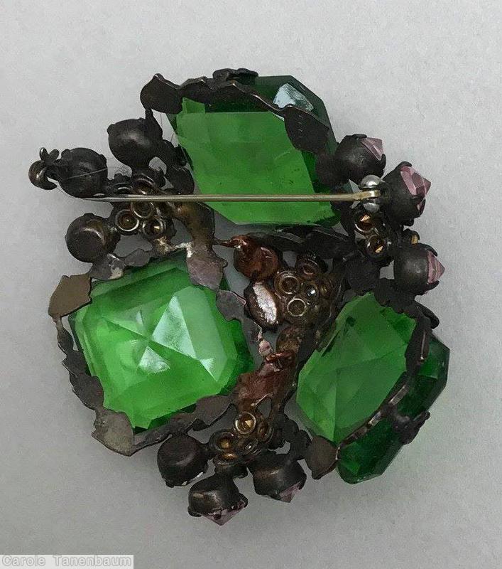 Schreiner 3 large emerald cut stone radial triangle pin 4 clustered flower peking glass peach crystal jewelry