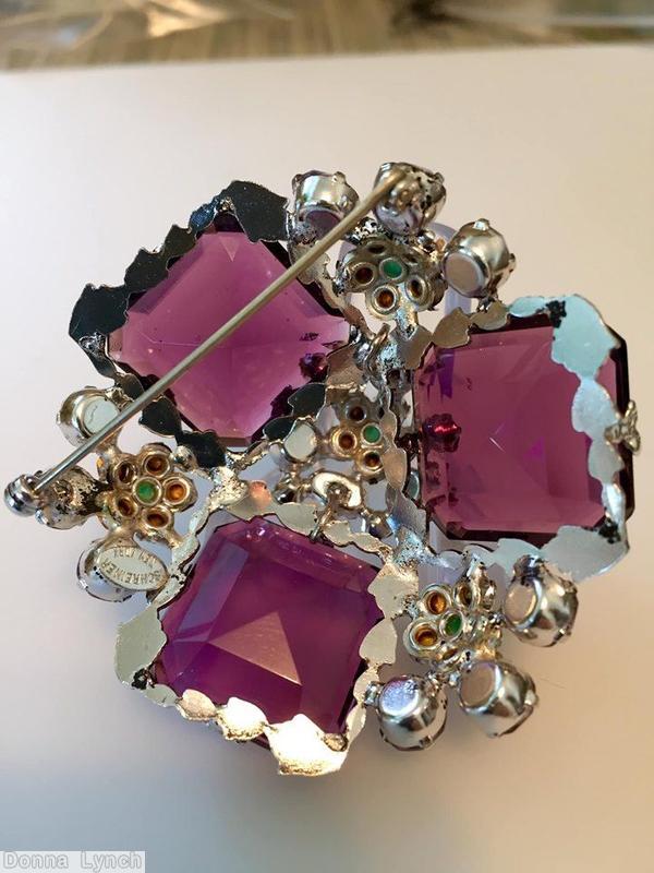 Schreiner 3 large emerald cut stone radial triangle pin 4 clustered flower purple green peach blue jewelry
