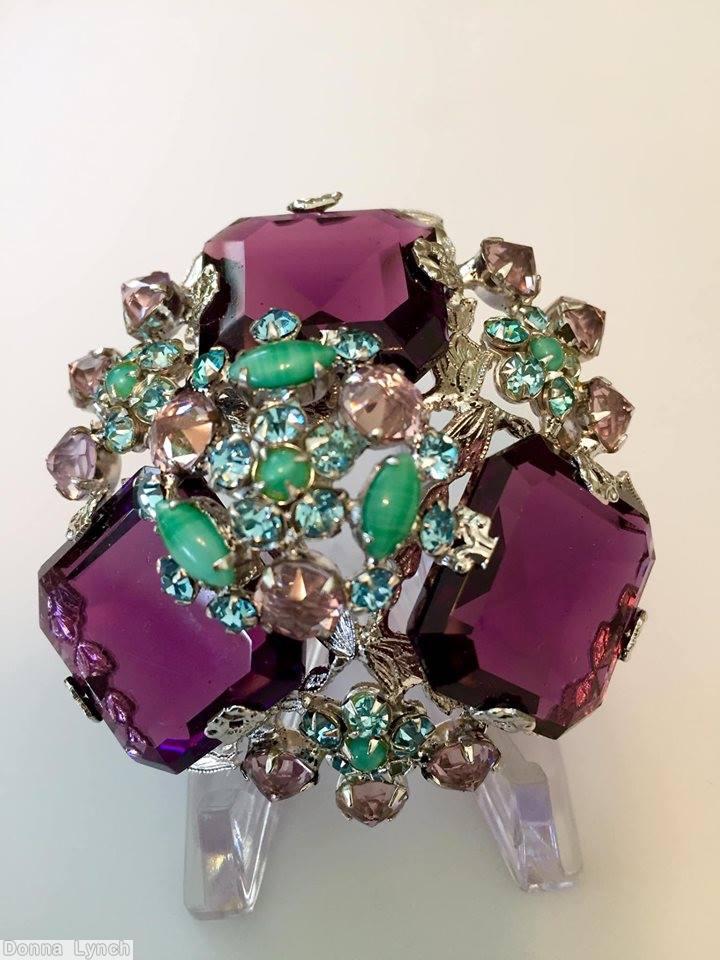 Schreiner 3 large emerald cut stone radial triangle pin 4 clustered flower purple green peach blue jewelry