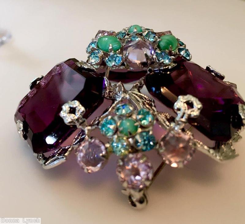 Schreiner 3 large emerald cut stone radial triangle pin 4 clustered flower purple green peach blue jewelry