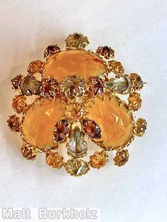 Schreiner 3 large oval cab domed radial triangle pretzel pin small stone center bordered amber large oval cab smoke brown goldtone jewelry