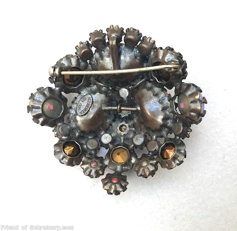 Schreiner 3 large oval cab domed radial triangle pretzel pin small stone center bordered coral large oval cab bicolor pink white chaton coral chaton metalic brown jewelry