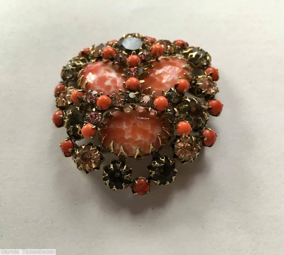 Schreiner 3 large oval cab domed radial triangle pretzel pin small stone center bordered coral peach jet jewelry