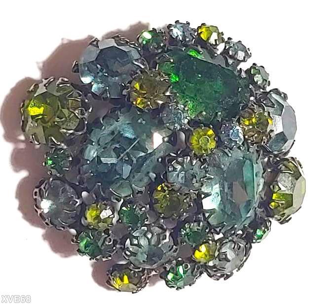 Schreiner 3 large oval cab domed radial triangle pretzel pin small stone center bordered emerald smoke green peridot jewelry