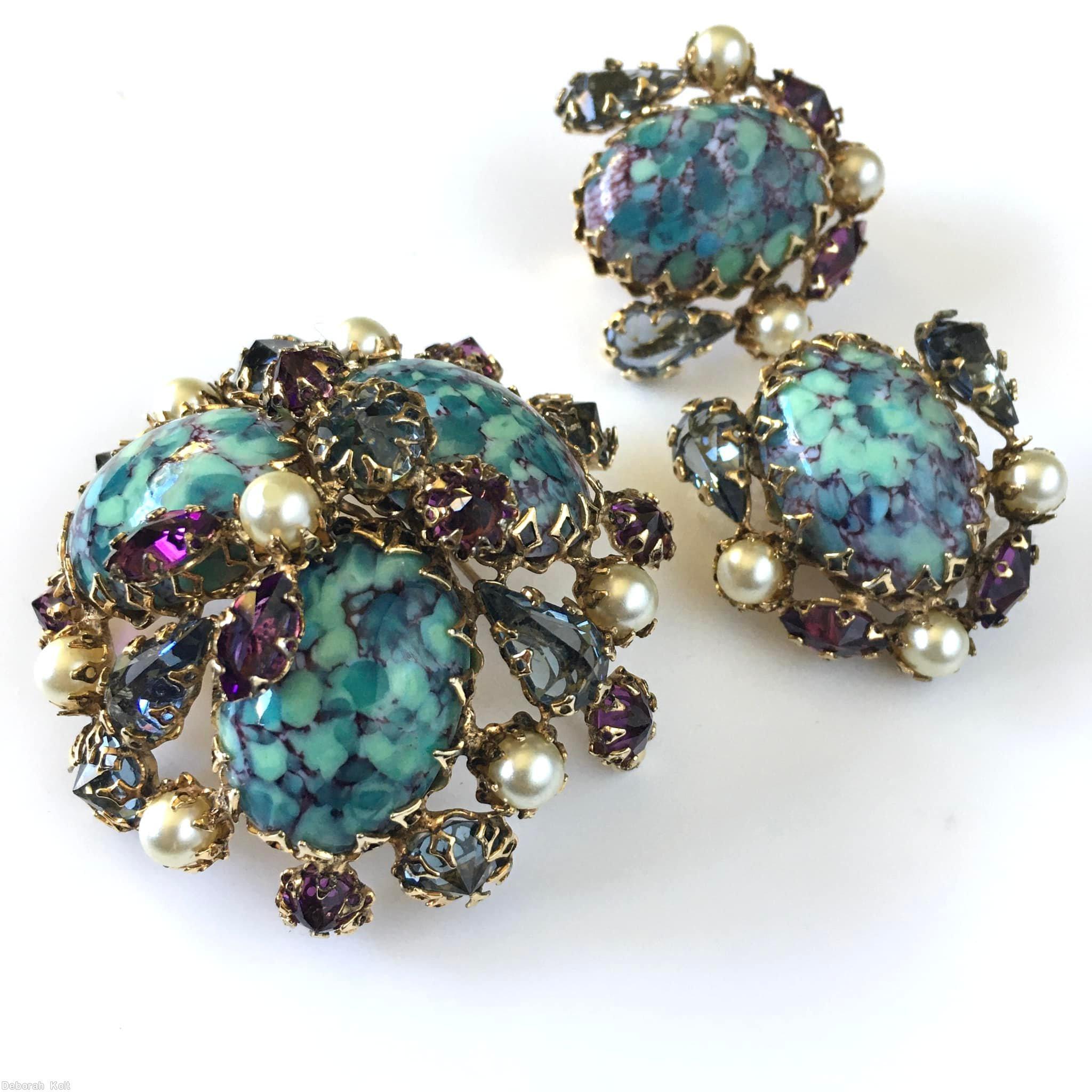 Schreiner 3 large oval cab domed radial triangle pretzel pin small stone center bordered large oval purple veined turquoise cab purple small navette clear navy teardrop faux pearl goldtone jewelry