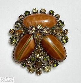 Schreiner 3 large oval cab domed radial triangle pretzel pin small stone center bordered large oval tiger eye peridot small chaton clear champagne small chaton bicolor topaz green teardrop goldtone jewelry