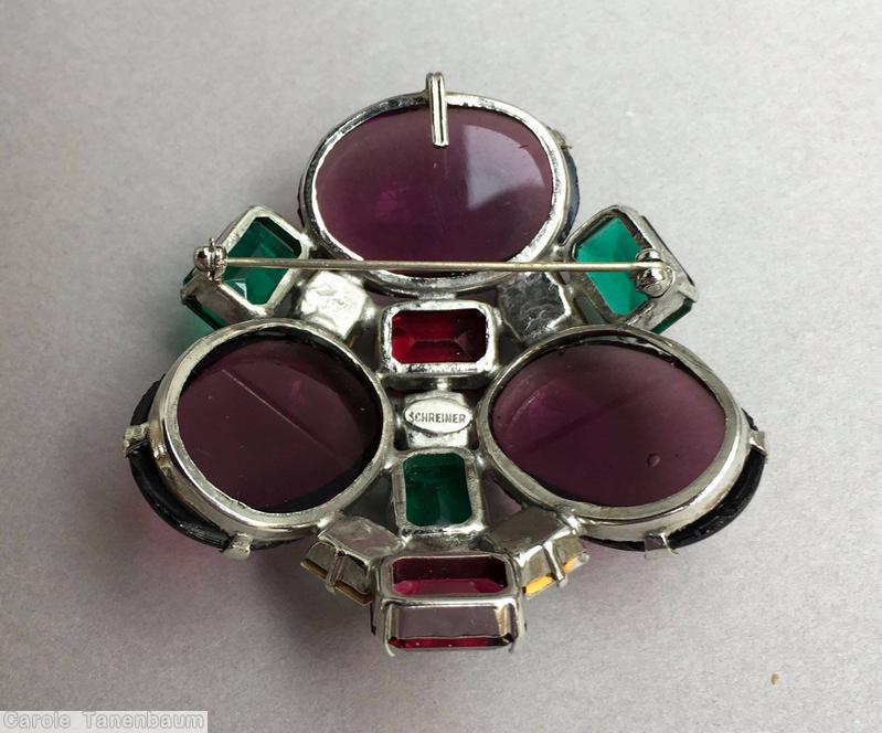 Schreiner 3 large oval cab domed radial triangle pretzel pin small stone center bordered lavender emerald crystal jewelry