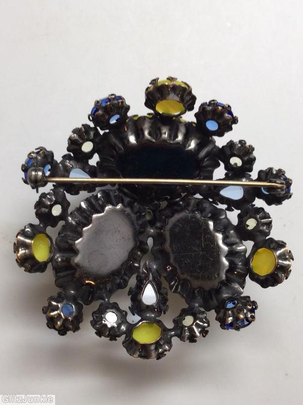 Schreiner 3 large oval cab domed radial triangle pretzel pin small stone center bordered lime marina blue crystal jewelry