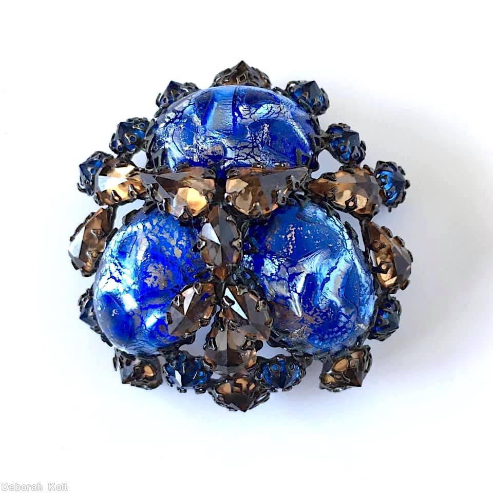 Schreiner 3 large oval cab domed radial triangle pretzel pin small stone center bordered marbled lapis blue large oval cab topaz faceted teardrop royal blue chaton jewelry