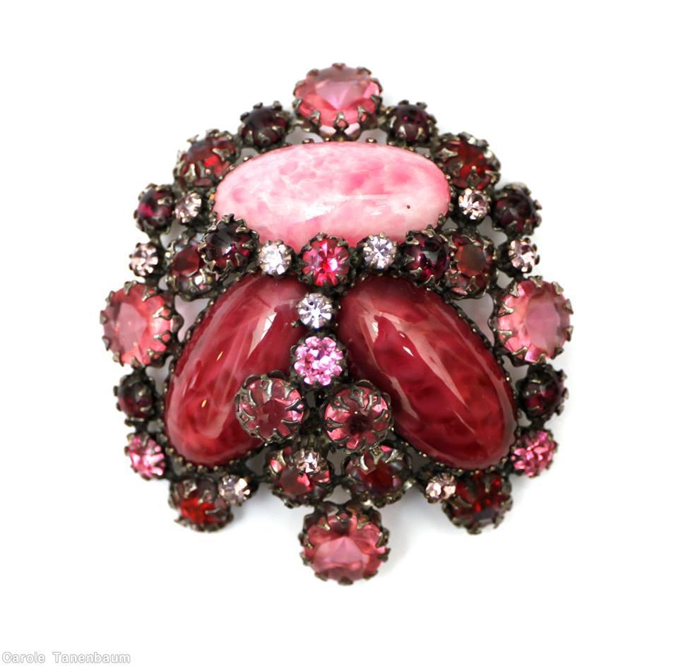 Schreiner 3 large oval cab domed radial triangle pretzel pin small stone center bordered marbled pink dark red ruby crystal pink jewelry