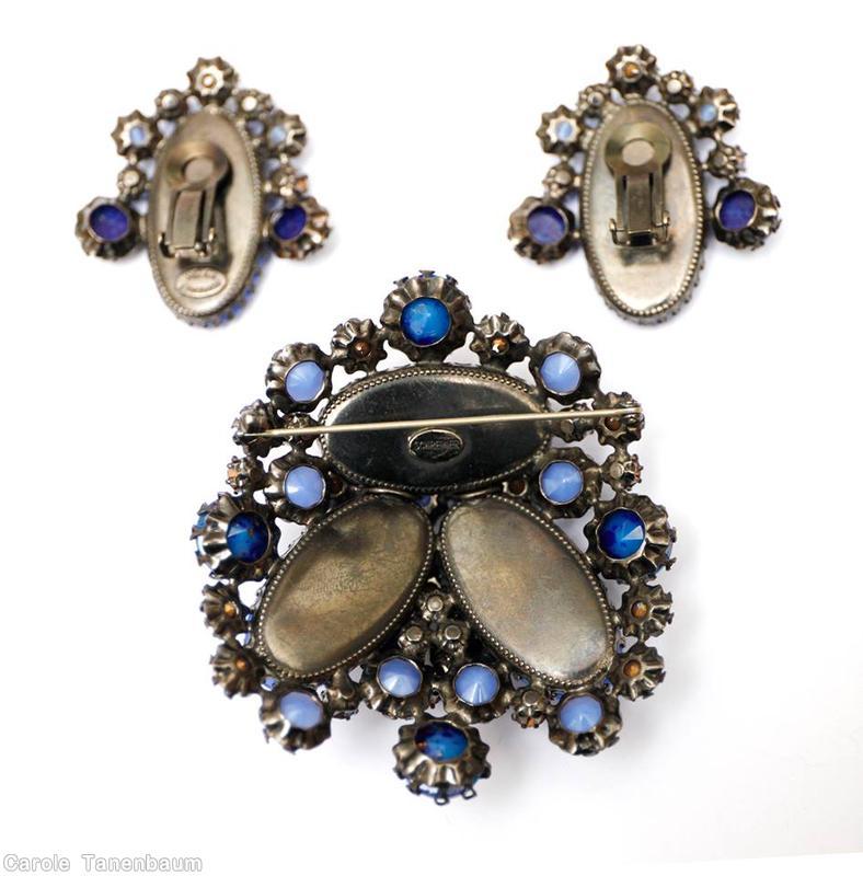 Schreiner 3 large oval cab domed radial triangle pretzel pin small stone center bordered opaque blue lapis moonglow blue crystal ice blue jewelry