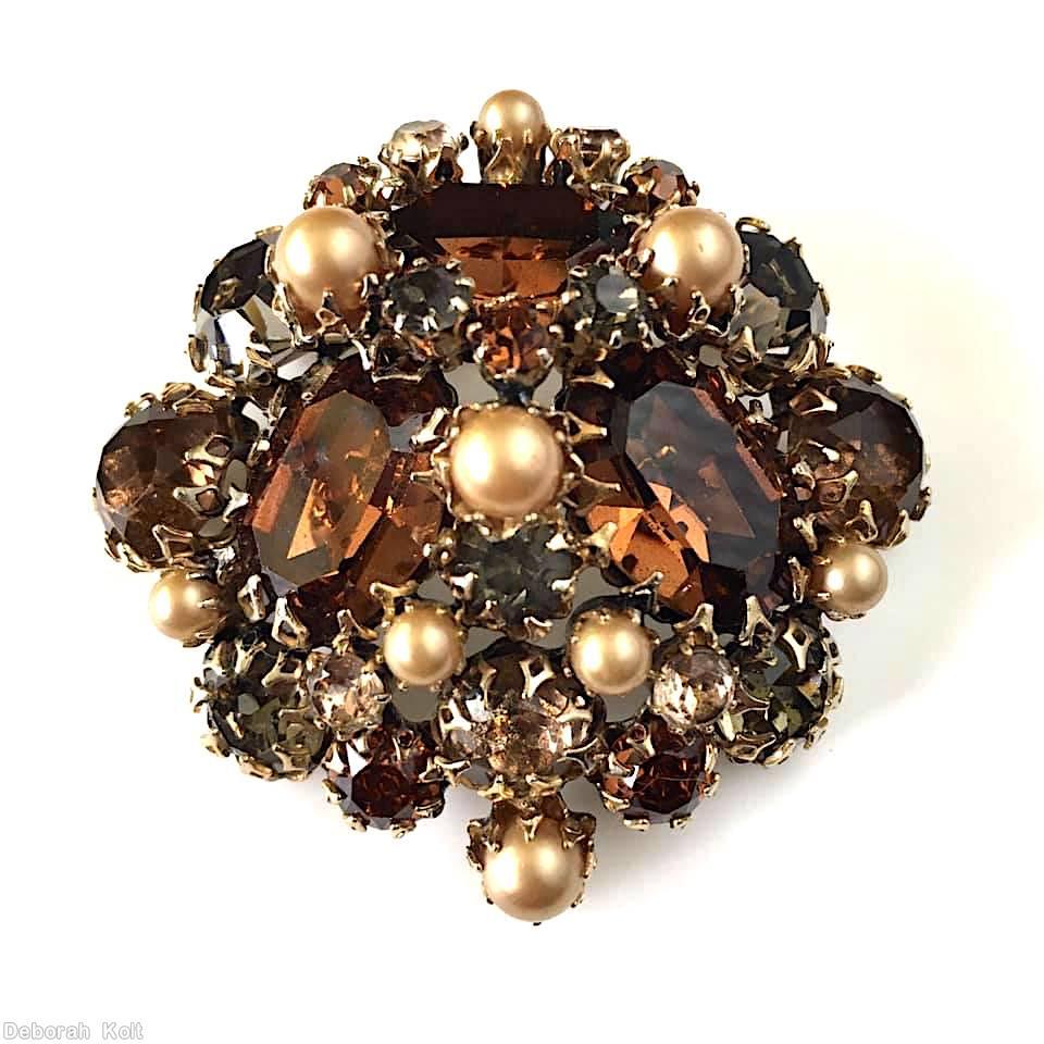 Schreiner 3 large oval cab domed radial triangle pretzel pin small stone center bordered topaz metalic faux pearl smoky goldtone jewelry