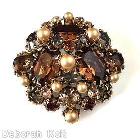 Schreiner 3 large oval cab domed radial triangle pretzel pin small stone center bordered topaz metalic faux pearl smoky goldtone jewelry
