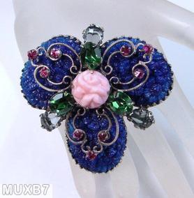 Schreiner 3 large oval molded flower stone radial pin filigree 2 level blue fuchsia green smoke creamy pink jewelry