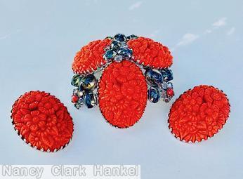 Schreiner 3 large oval radial domed pin 3 flower head 12 small oval cab large red oval flower molded art glass clear navy small oval cab red small chaton silvertone jewelry