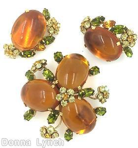 Schreiner 3 large oval radial double triangle pin 4 flower head topaz large oval cab peridot navette goldtone jewelry