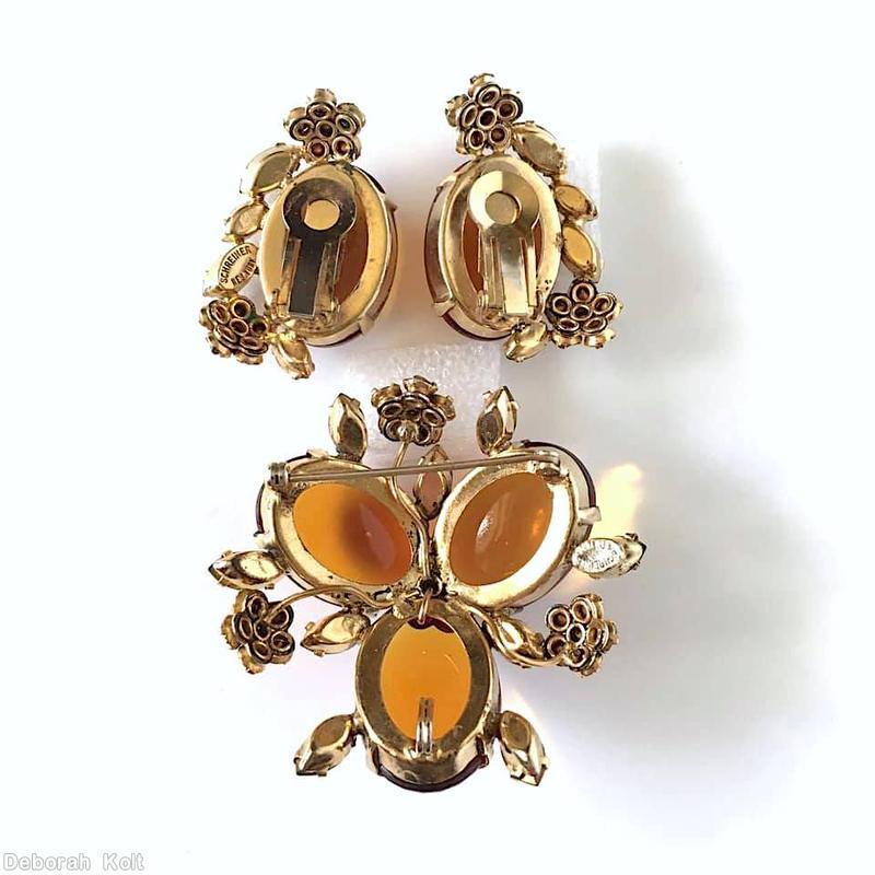 Schreiner 3 large oval radial double triangle pin 4 flower head topaz large oval cab peridot navette goldtone jewelry