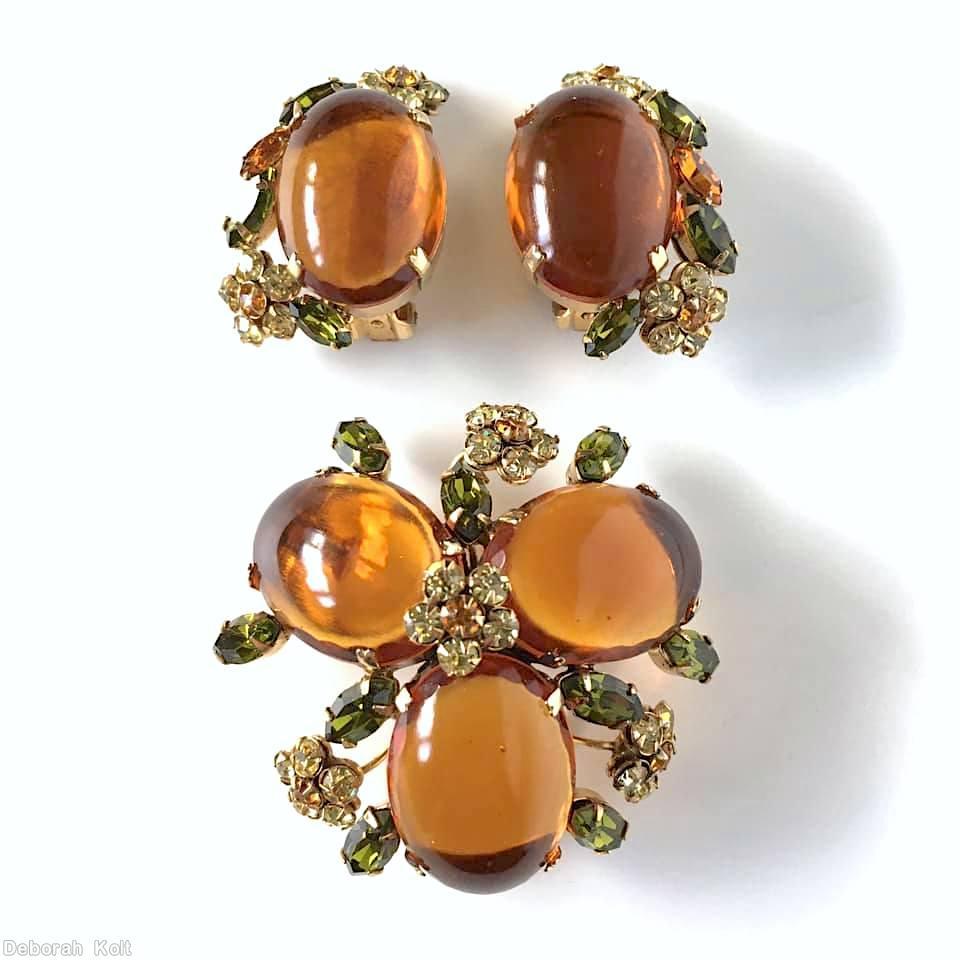 Schreiner 3 large oval radial double triangle pin 4 flower head topaz large oval cab peridot navette goldtone jewelry