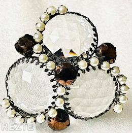 Schreiner 3 large rose cut round stone radial pin 3 swirled branch of 8 seeds large crystal rose cut disc faux pearl brown metalic chaton jewelry