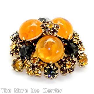 Schreiner 3 large round cab domed round pin 7 clustered flower 3 teardrop bordered amber jet brown goldtone jewelry