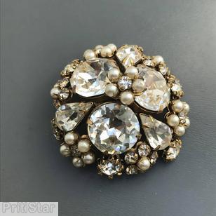 Schreiner 3 large round cab domed round pin 7 clustered flower 3 teardrop bordered crystal faux pearl seeds jewelry