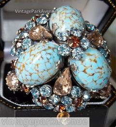 Schreiner 3 large round cab domed round pin 7 clustered flower 3 teardrop bordered large oval blue turquoise cab ice blue chaton topaz chaton peach faceted teardrop jewelry