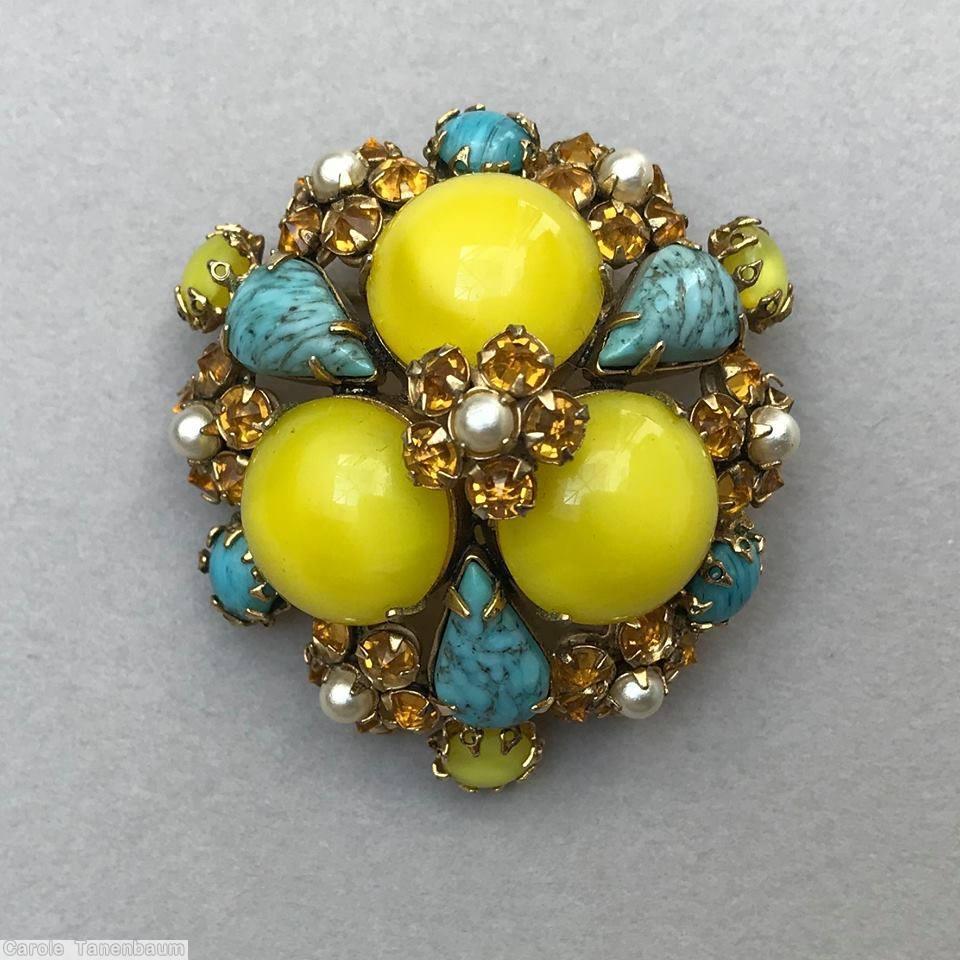 Schreiner 3 large round cab domed round pin 7 clustered flower 3 teardrop bordered lime amber faux pearl seeds turquoise jewelry