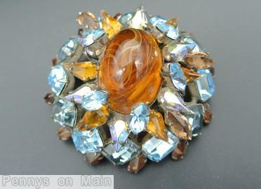 Schreiner 3 rounds domed oval pin large oval center 12 square stone side ab marbled carnelian ice blue jewelry