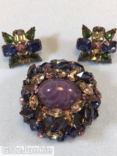 Schreiner 3 rounds domed oval pin large oval center 12 square stone side green lapis pink amber marbled lavender jewelry