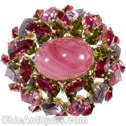 Schreiner 3 rounds domed oval pin large oval center 12 square stone side marbled pink peridot pink lavender jewelry