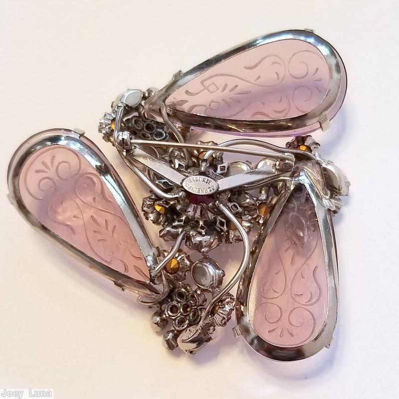 Schreiner 3 swirled large teardrop etched glass pin 3 clustered flower peach etched glass jewelry