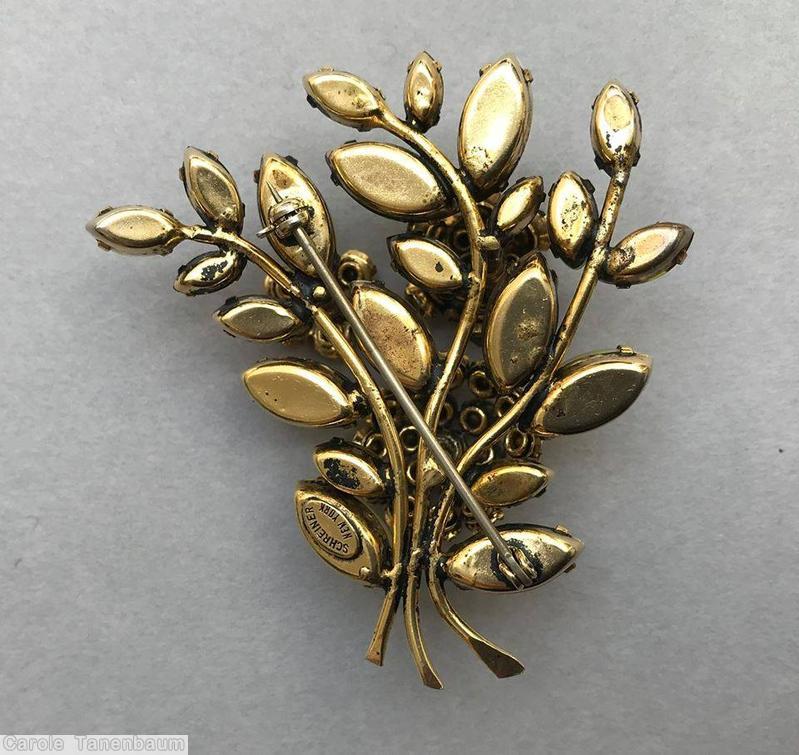 Schreiner 3 trembling flower bunch pin amber dark green moonglow white clear champagne jewelry