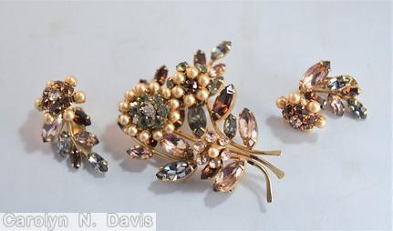 Schreiner 3 trembling flower bunch pin gold metallic faux pearl bronze navette smoky navette peach navette goldtone jewelry