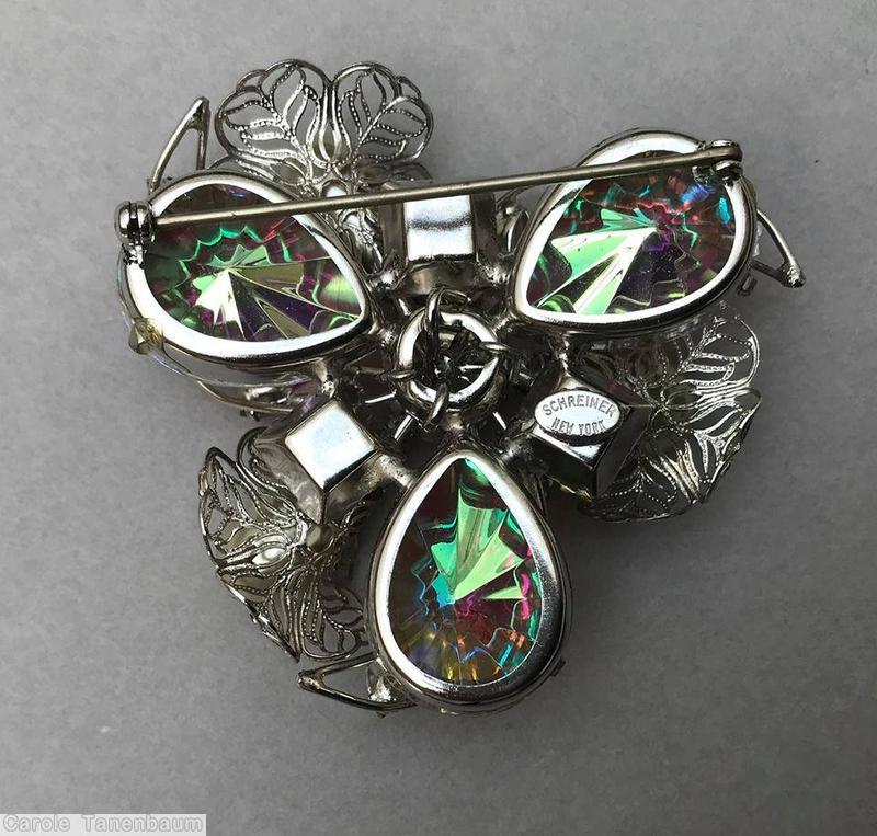 Schreiner 3 wired ribbon filigree swirled triangle pin 3 swirled wired ribbon 3 bead 3 cracked ice teardrop filigree faux pearl ab amber jewelry