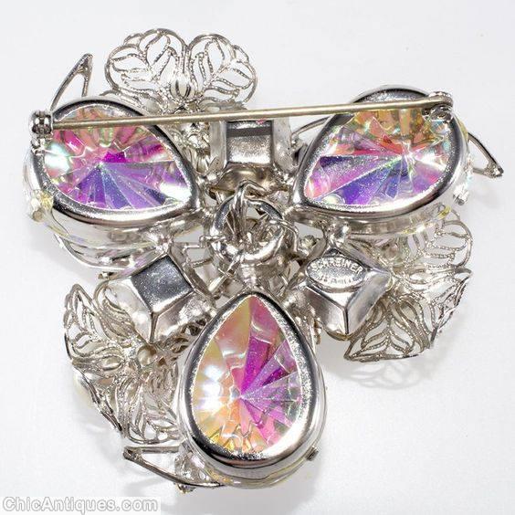 Schreiner 3 wired ribbon filigree swirled triangle pin 3 swirled wired ribbon 3 bead 3 cracked ice teardrop filigree pink cracked ice stone faux pearl amber silvertone jewelry