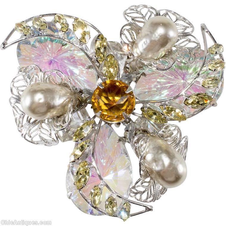 Schreiner 3 wired ribbon filigree swirled triangle pin 3 swirled wired ribbon 3 bead 3 cracked ice teardrop filigree pink cracked ice stone faux pearl amber silvertone jewelry