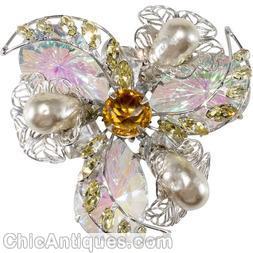 Schreiner 3 wired ribbon filigree swirled triangle pin 3 swirled wired ribbon 3 bead 3 cracked ice teardrop filigree pink cracked ice stone faux pearl amber silvertone jewelry