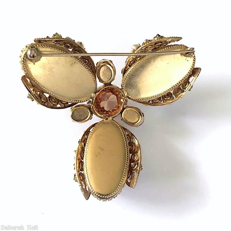 Schreiner 3 wired seeds covered large oval cab triangle radial pin large chaton center carnelian large oval cab peridot faux pearl large faceted round center smoky teardrop goldtone jewelry